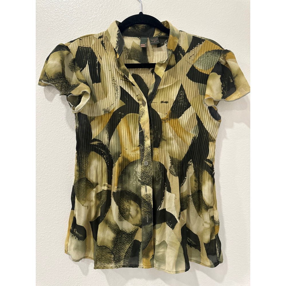 Serenade New York Womens Small Abstract Pleated Short Sleeve Button Up Blouse